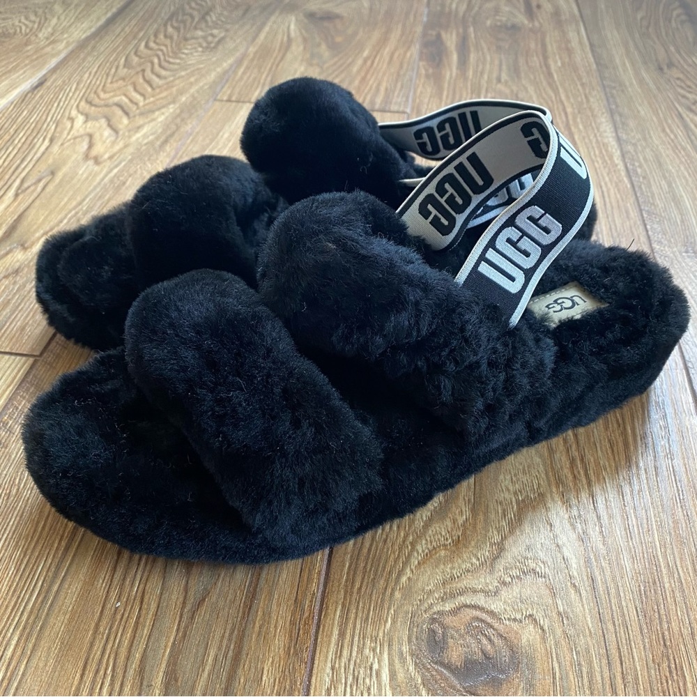 UGG Fluff Oh Yeah Black Slides Slippers Sandals Women's 10 Excellent Condition - Picture 2 of 10